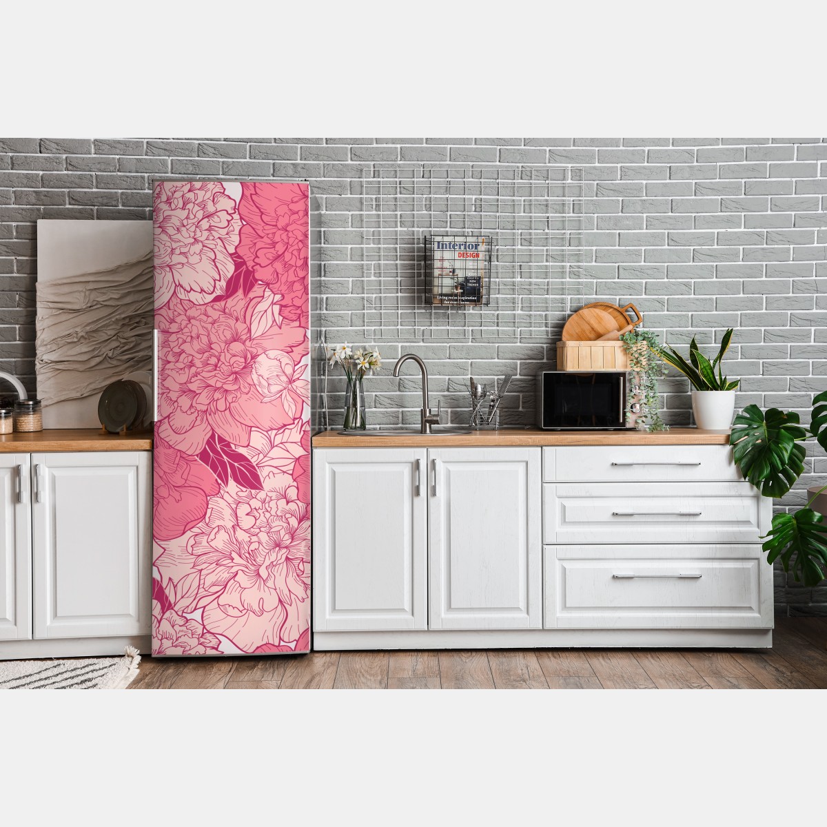 Naklejka na lodówkę różowy wzór z piwoniami – Wallissimo® Naklejka na lodówkę różowy wzór z piwoniami – Wallissimo®