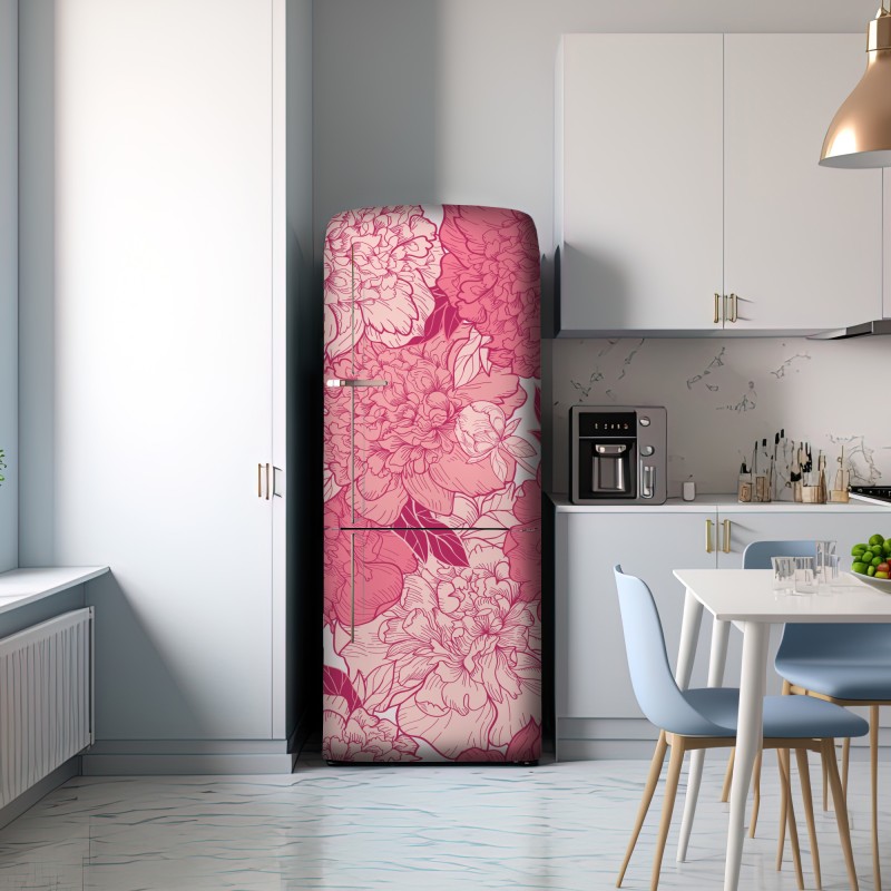 Naklejka na lodówkę różowy wzór z piwoniami – Wallissimo® Naklejka na lodówkę różowy wzór z piwoniami – Wallissimo®