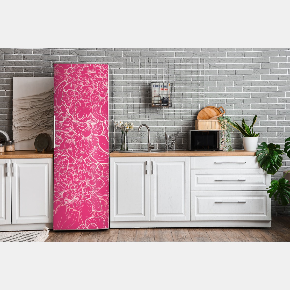 Naklejka na lodówkę intensywny różowy wzór z peoniami – Wallissimo® Naklejka na lodówkę intensywny różowy wzór z peoniami – Wallissimo®