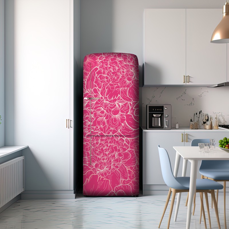 Naklejka na lodówkę intensywny różowy wzór z peoniami – Wallissimo® Naklejka na lodówkę intensywny różowy wzór z peoniami – Wallissimo®