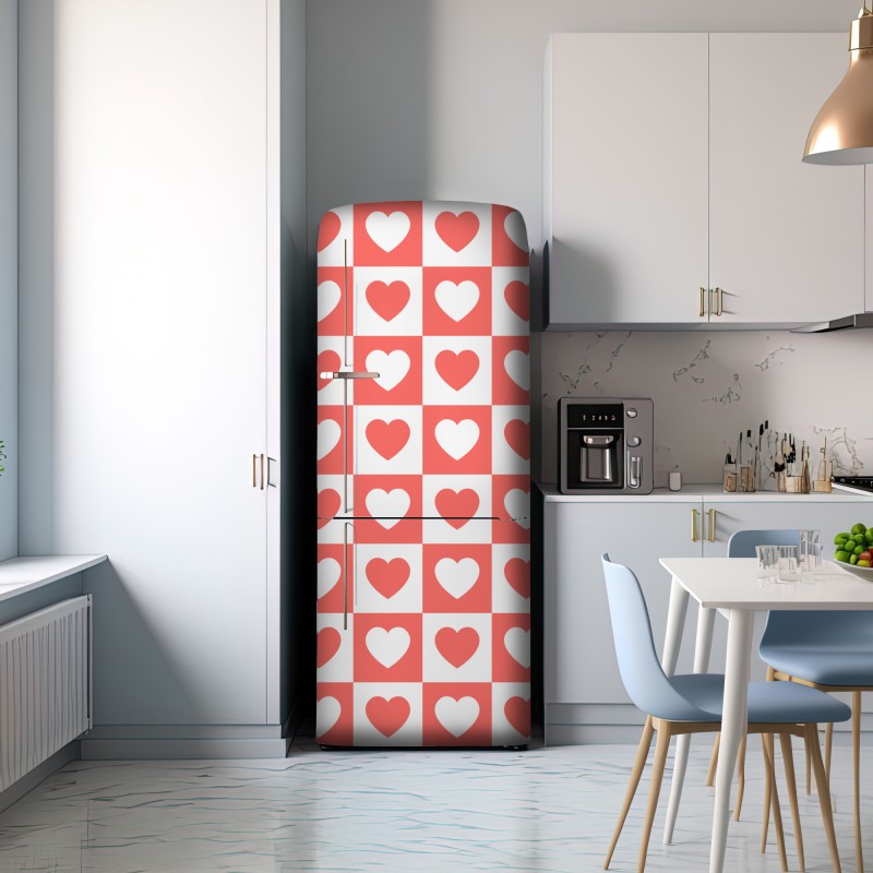 Naklejka na lodówkę różowy wzór serc w szachownicy – Wallissimo® Naklejka na lodówkę różowy wzór serc w szachownicy – Wallissimo®