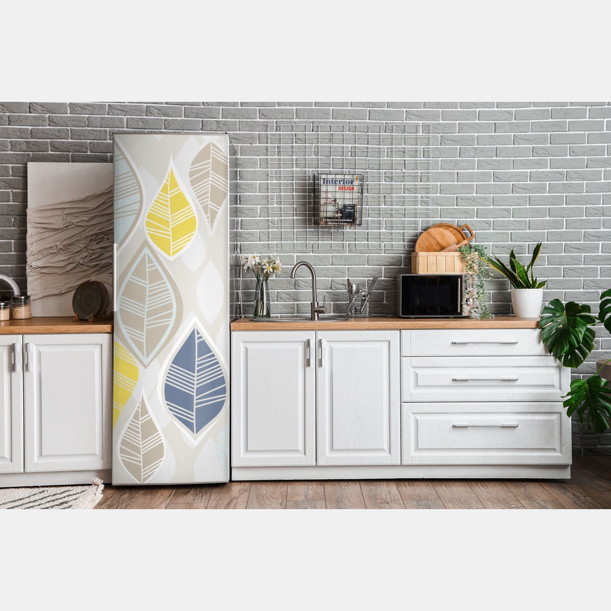 Naklejka na lodówkę skandynawski wzór liści w stonowanych kolorach – Wallissimo® Naklejka na lodówkę skandynawski wzór liści w stonowanych kolorach – Wallissimo®