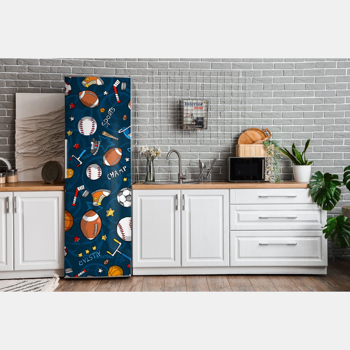 Naklejka na lodówkę zabawny wzór sportowy na granatowym tle – Wallissimo® Naklejka na lodówkę zabawny wzór sportowy na granatowym tle – Wallissimo®