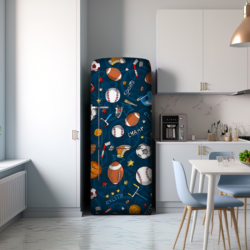 Naklejka na lodówkę zabawny wzór sportowy na granatowym tle – Wallissimo® Naklejka na lodówkę zabawny wzór sportowy na granatowym tle – Wallissimo®