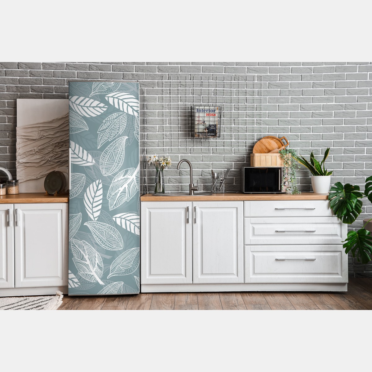 Naklejka na lodówkę ręcznie rysowany wzór liści na miętowym tle – Wallissimo® Naklejka na lodówkę ręcznie rysowany wzór liści na miętowym tle – Wallissimo®