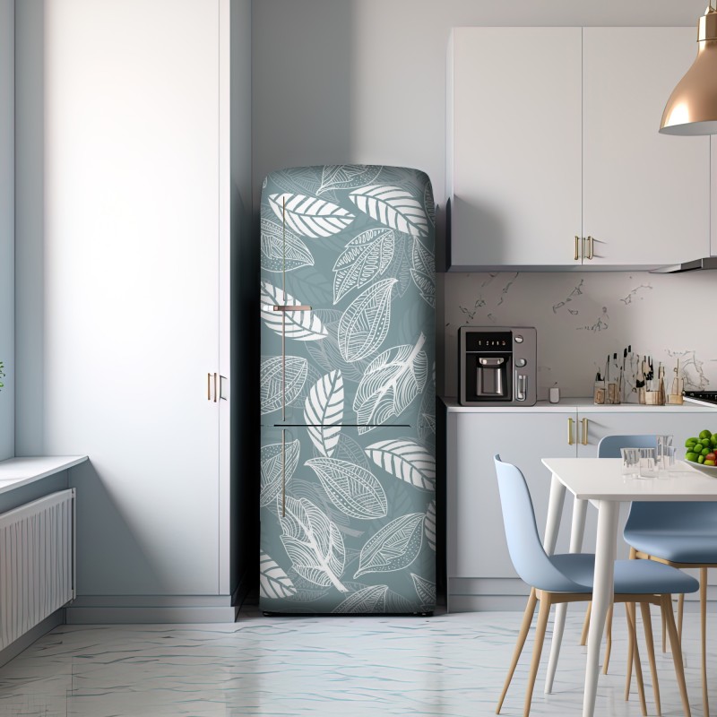 Naklejka na lodówkę ręcznie rysowany wzór liści na miętowym tle – Wallissimo® Naklejka na lodówkę ręcznie rysowany wzór liści na miętowym tle – Wallissimo®