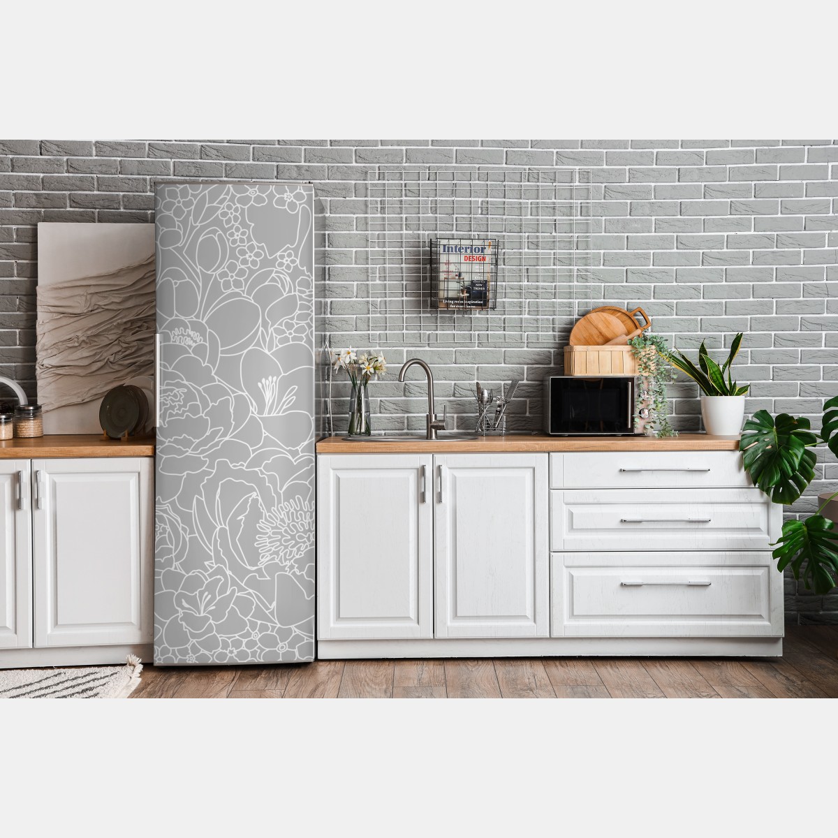 Naklejka na lodówkę subtelny szary wzór kwiatowy w konturze – Wallissimo® Naklejka na lodówkę subtelny szary wzór kwiatowy w konturze – Wallissimo®