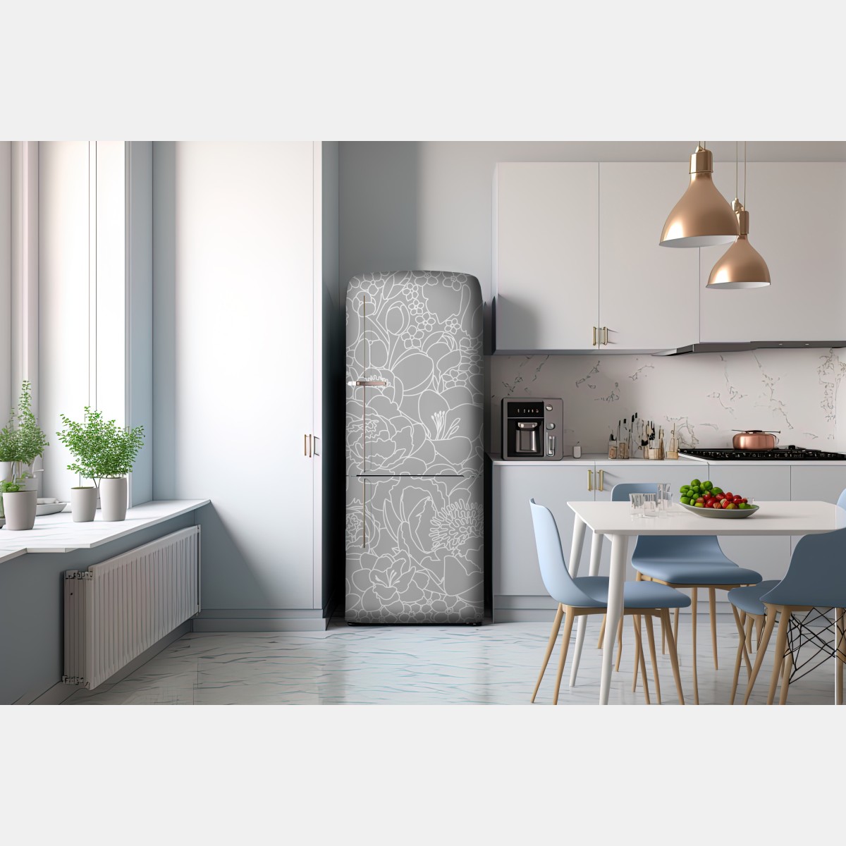 Naklejka na lodówkę subtelny szary wzór kwiatowy w konturze – Wallissimo® Naklejka na lodówkę subtelny szary wzór kwiatowy w konturze – Wallissimo®