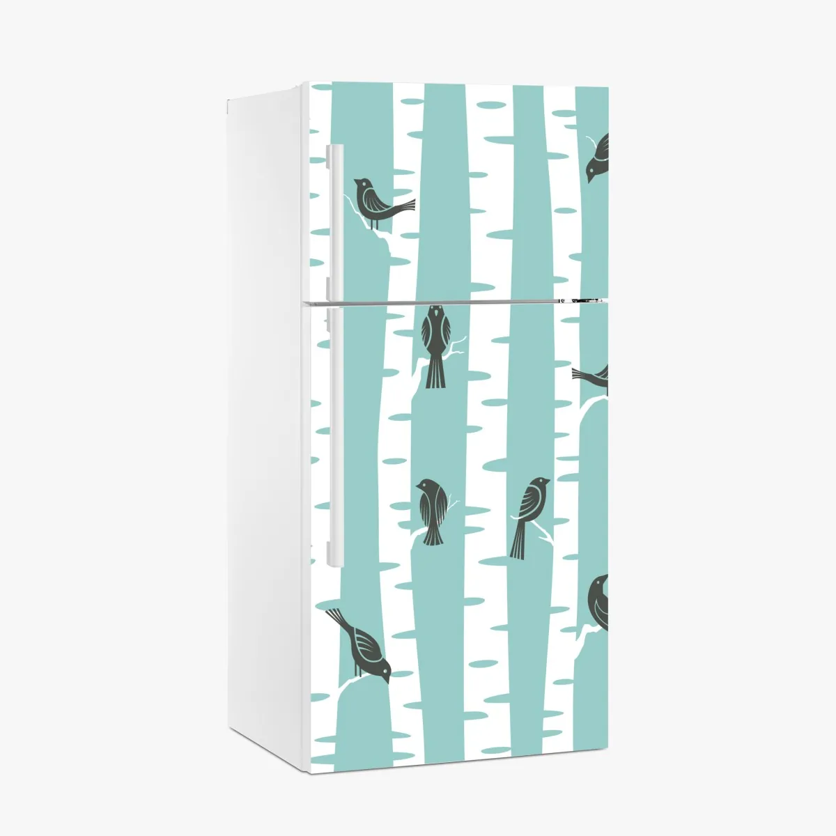 Naklejka na lodówkę turkusowy las brzóz z ptakami – Wallissimo® Naklejka na lodówkę turkusowy las brzóz z ptakami – Wallissimo®