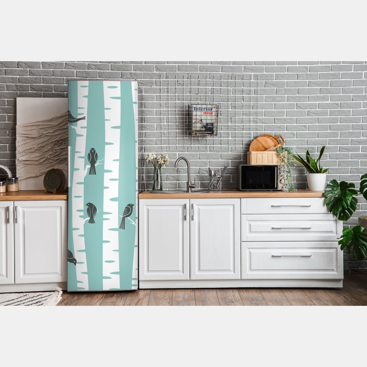 Naklejka na lodówkę turkusowy las brzóz z ptakami – Wallissimo® Naklejka na lodówkę turkusowy las brzóz z ptakami – Wallissimo®