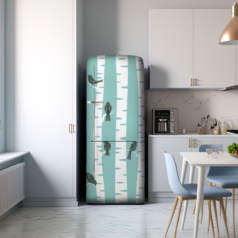 Naklejka na lodówkę turkusowy las brzóz z ptakami – Wallissimo® Naklejka na lodówkę turkusowy las brzóz z ptakami – Wallissimo®