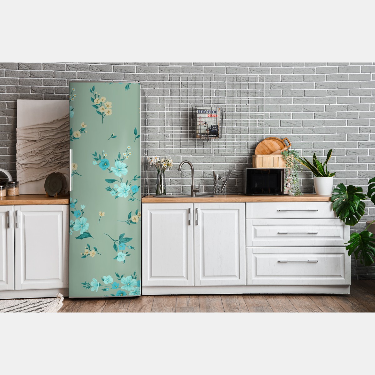 Naklejka na lodówkę pastelowy turkusowy wzór kwiatowy na miętowym tle – Wallissimo® Naklejka na lodówkę pastelowy turkusowy wzór kwiatowy na miętowym tle – Wallissimo®
