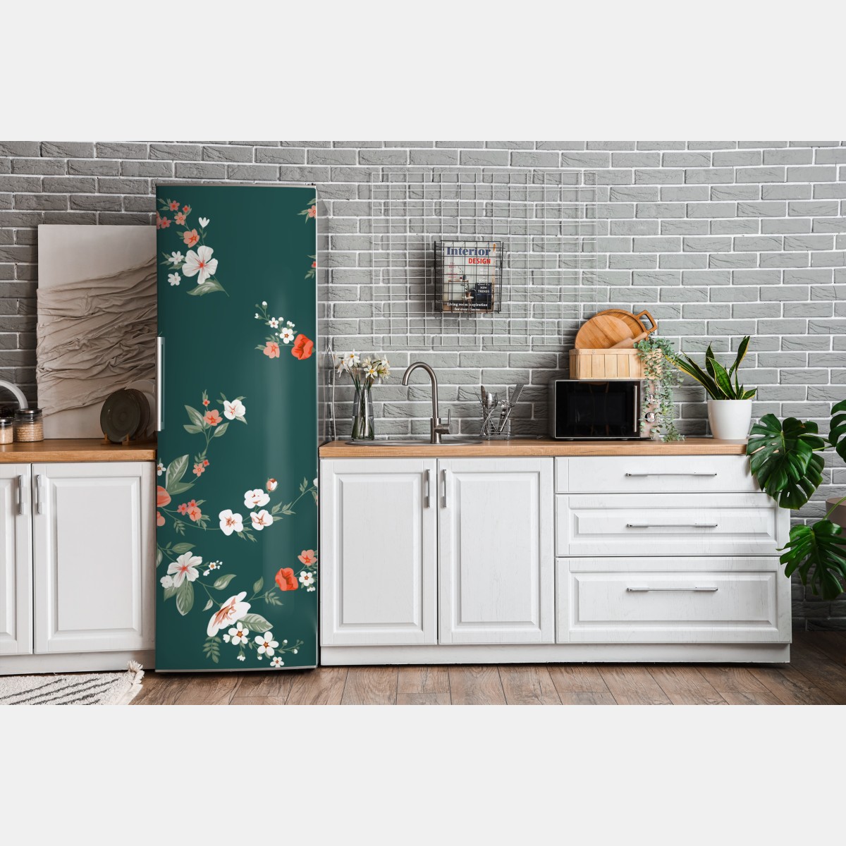 Naklejka na lodówkę vintage koralowy wzór kwiatowy na ciemnozielonym tle – Wallissimo® Naklejka na lodówkę vintage koralowy wzór kwiatowy na ciemnozielonym tle – Wallissimo®