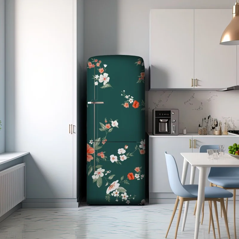 Naklejka na lodówkę vintage koralowy wzór kwiatowy na ciemnozielonym tle – Wallissimo® Naklejka na lodówkę vintage koralowy wzór kwiatowy na ciemnozielonym tle – Wallissimo®