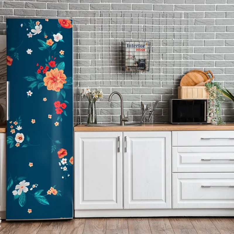Naklejka na lodówkę delikatny rozproszony wzór kwiatowy na głębokim turkusie – Wallissimo® Naklejka na lodówkę delikatny rozproszony wzór kwiatowy na głębokim turkusie – Wallissimo®