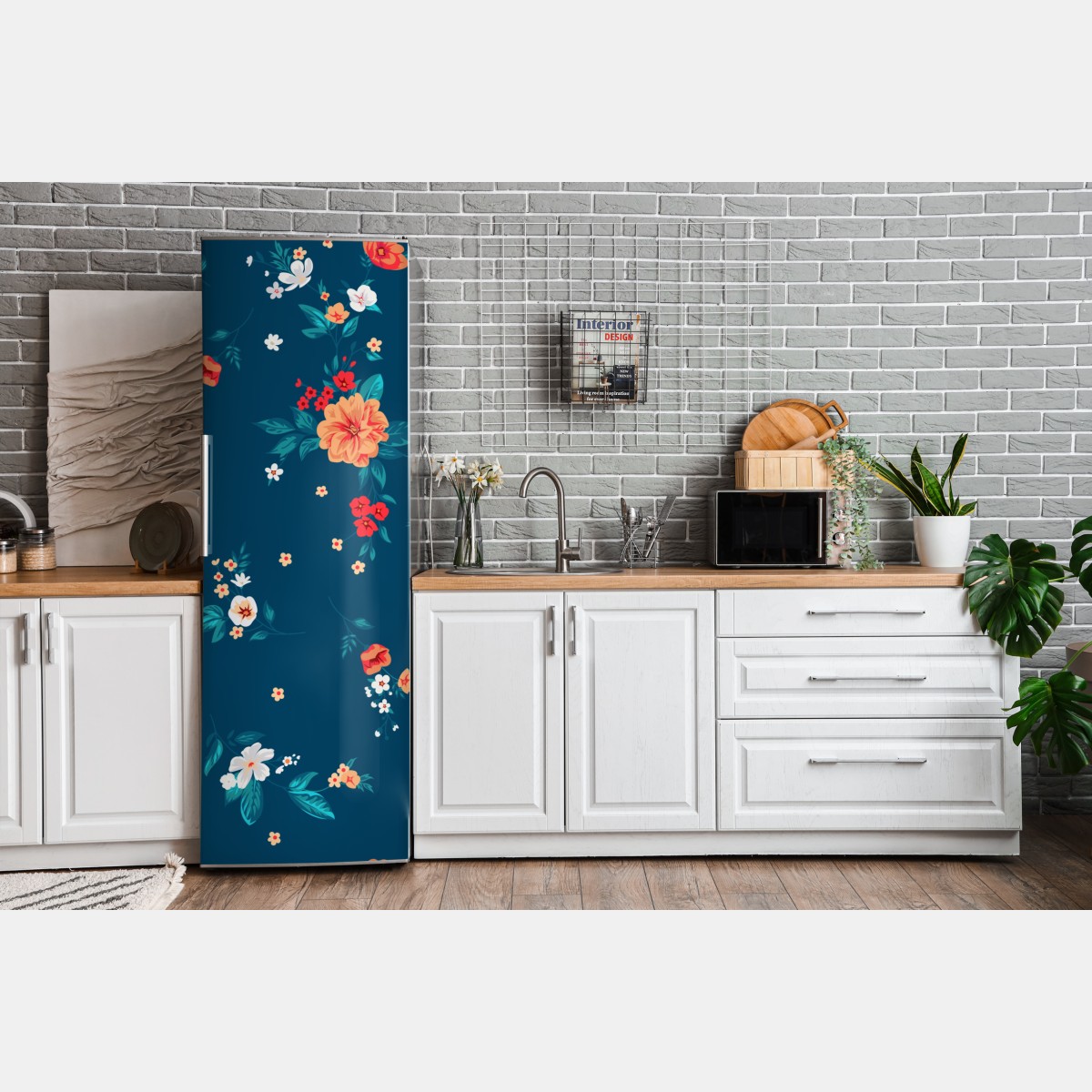 Naklejka na lodówkę delikatny rozproszony wzór kwiatowy na głębokim turkusie – Wallissimo® Naklejka na lodówkę delikatny rozproszony wzór kwiatowy na głębokim turkusie – Wallissimo®