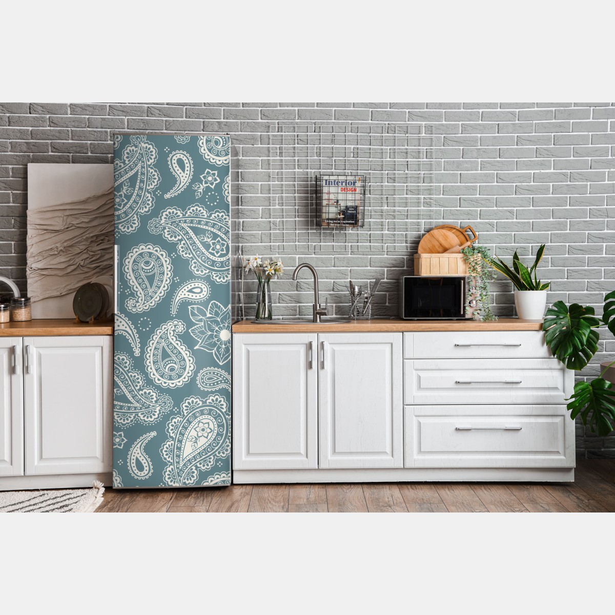 Naklejka na lodówkę morski wzór paisley z kwiatowymi motywami – Wallissimo® Naklejka na lodówkę morski wzór paisley z kwiatowymi motywami – Wallissimo®