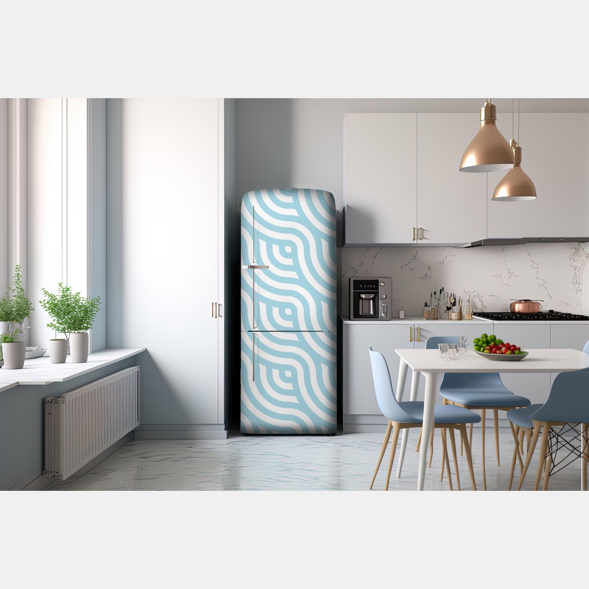 Naklejka na lodówkę miękki turkusowy geometryczny wzór fal – Wallissimo® Naklejka na lodówkę miękki turkusowy geometryczny wzór fal – Wallissimo®