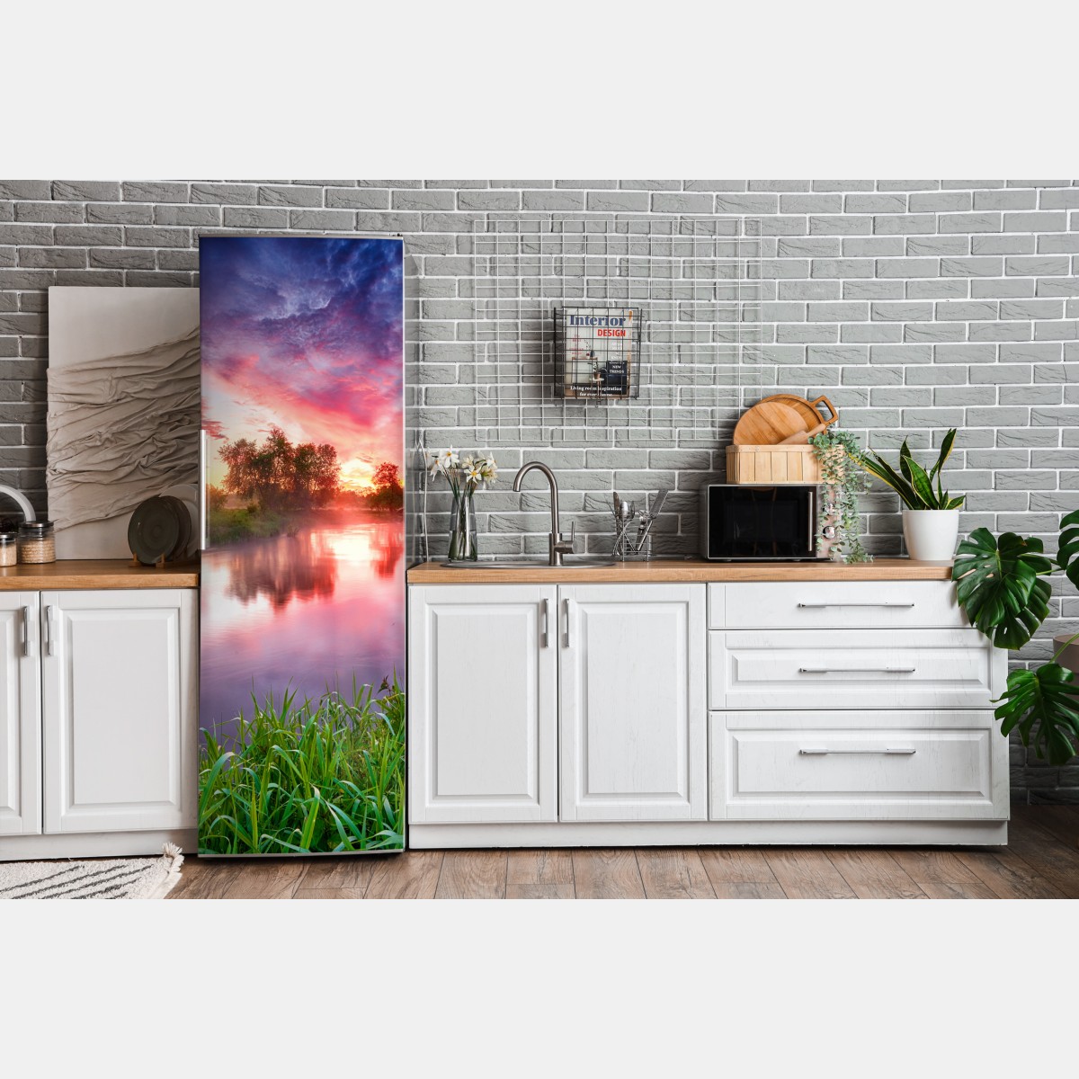 Naklejka na lodówkę spokojny letni wschód słońca nad brzegiem rzeki – Wallissimo® Naklejka na lodówkę spokojny letni wschód słońca nad brzegiem rzeki – Wallissimo®
