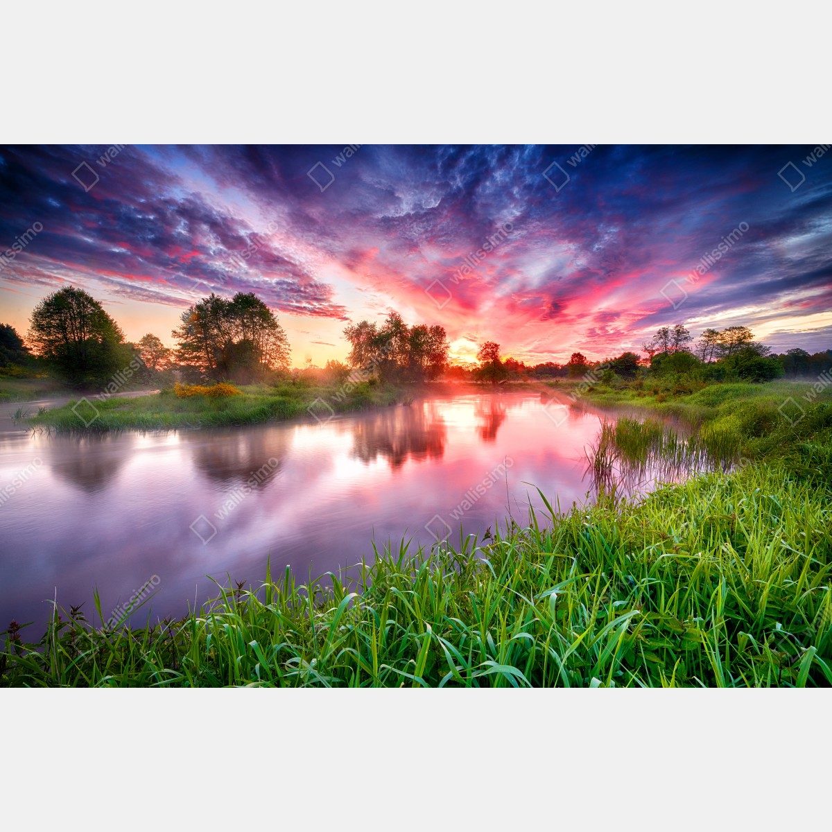 Naklejka na lodówkę spokojny letni wschód słońca nad brzegiem rzeki – Wallissimo® Naklejka na lodówkę spokojny letni wschód słońca nad brzegiem rzeki – Wallissimo®