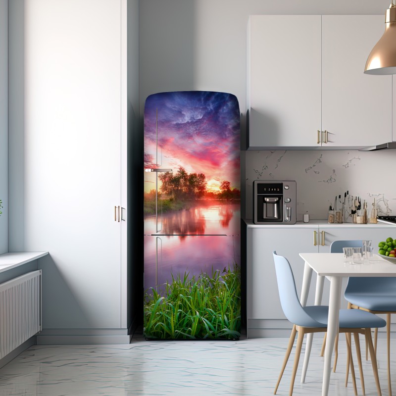 Naklejka na lodówkę spokojny letni wschód słońca nad brzegiem rzeki – Wallissimo® Naklejka na lodówkę spokojny letni wschód słońca nad brzegiem rzeki – Wallissimo®