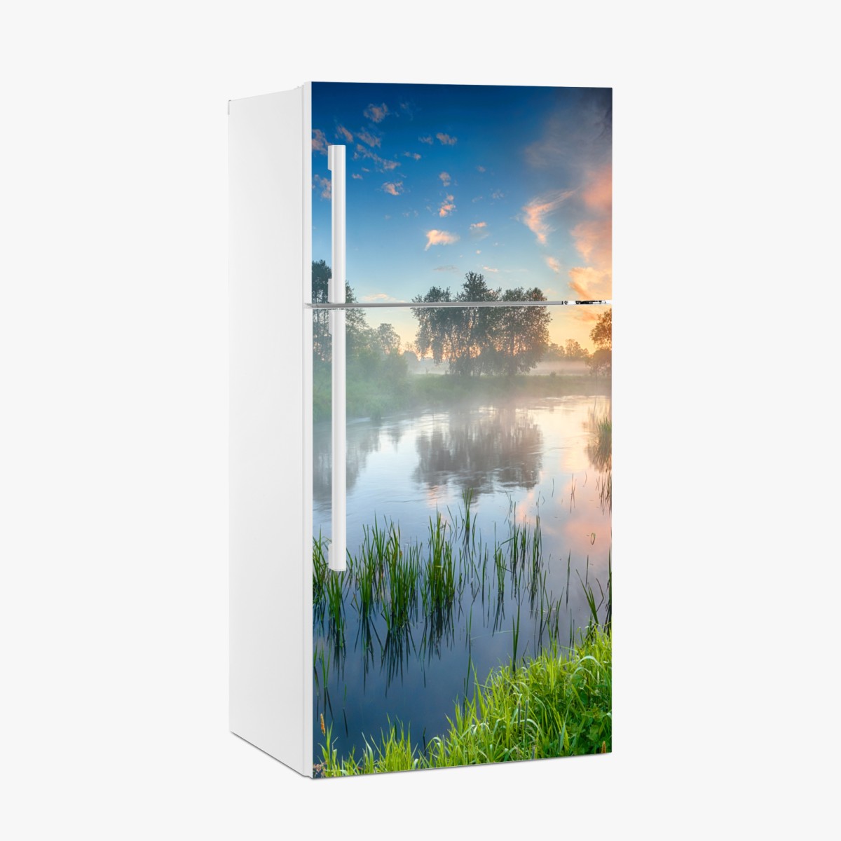 Fridge sticker misty river sunrise over green banks