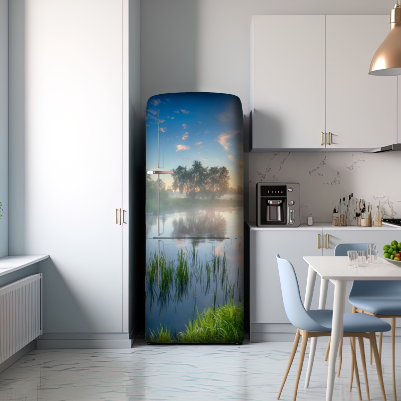 Naklejka na lodówkę mglista rzeka o wschodzie słońca nad zielonymi brzegami – Wallissimo® Naklejka na lodówkę mglista rzeka o wschodzie słońca nad zielonymi brzegami – Wallissimo®