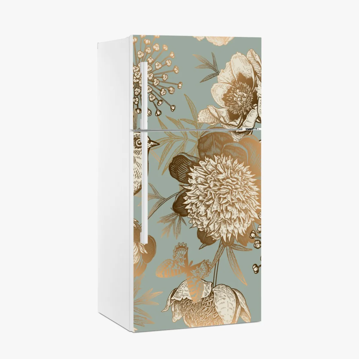 Naklejka na lodówkę vintage botaniczny motyw kwiatowy z ptakiem – Wallissimo® Naklejka na lodówkę vintage botaniczny motyw kwiatowy z ptakiem – Wallissimo®