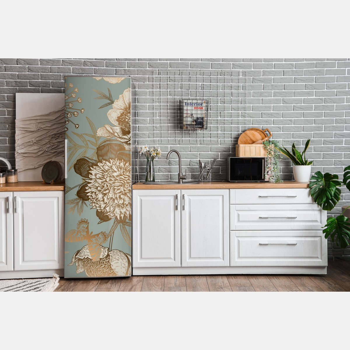 Naklejka na lodówkę vintage botaniczny motyw kwiatowy z ptakiem – Wallissimo® Naklejka na lodówkę vintage botaniczny motyw kwiatowy z ptakiem – Wallissimo®