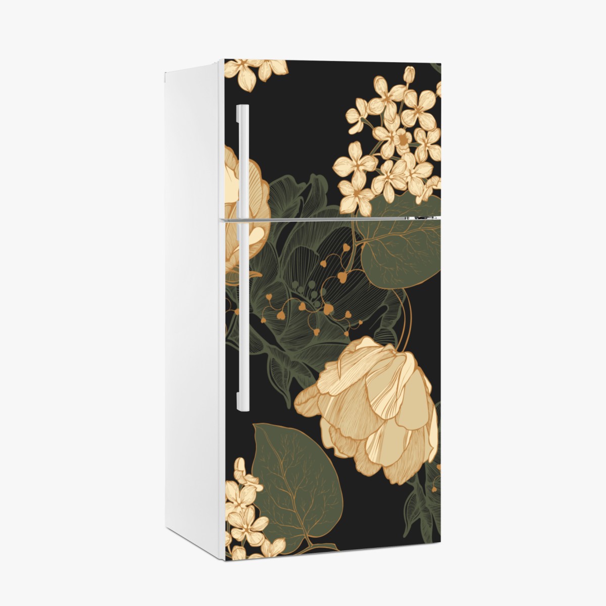 Fridge sticker golden peonies on dark botanical background