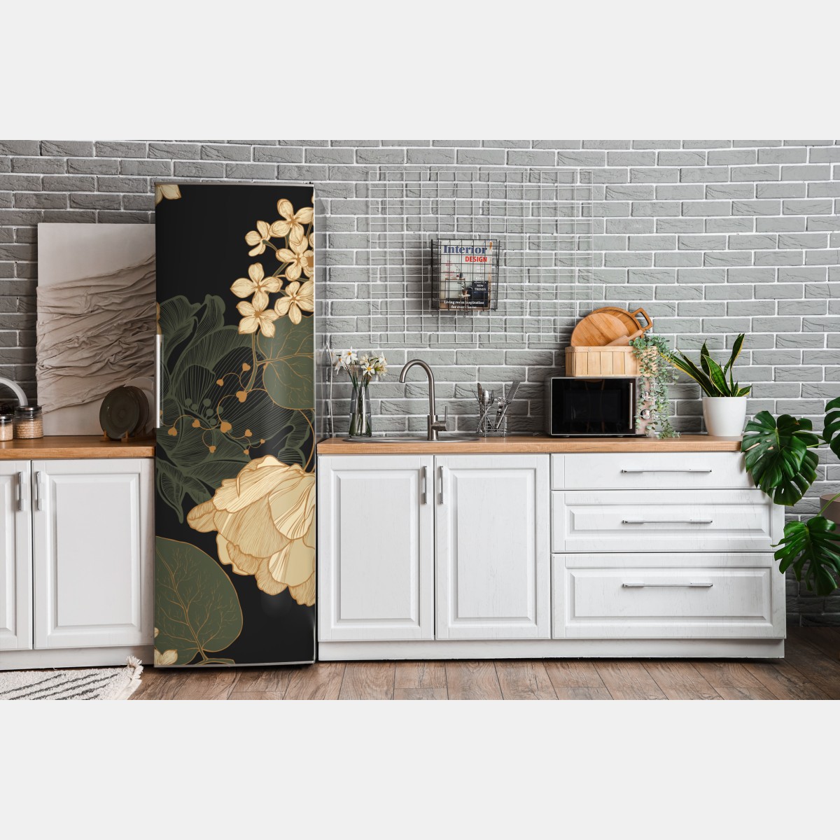 Naklejka na lodówkę złote piwonie na ciemnym botanicznym tle – Wallissimo® Naklejka na lodówkę złote piwonie na ciemnym botanicznym tle – Wallissimo®