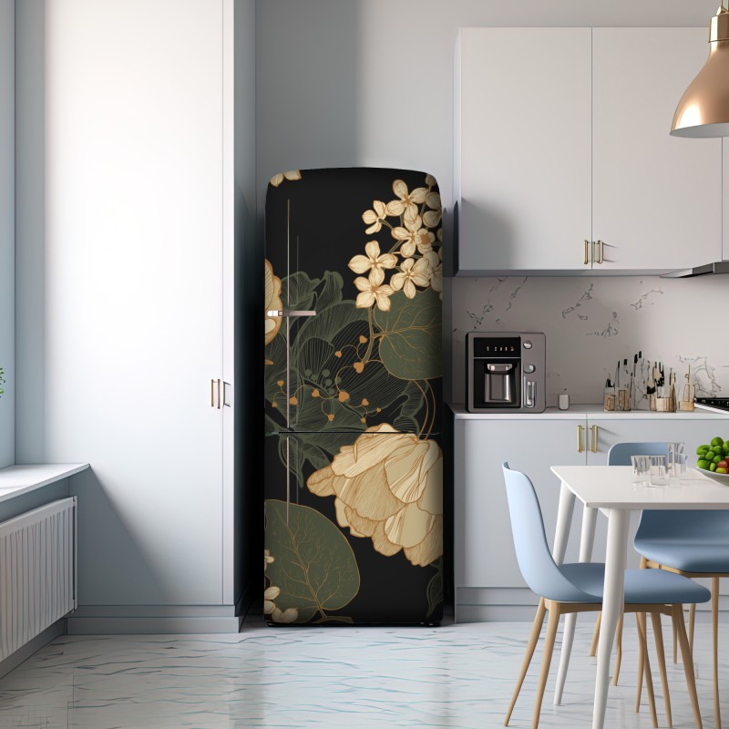 Naklejka na lodówkę złote piwonie na ciemnym botanicznym tle – Wallissimo® Naklejka na lodówkę złote piwonie na ciemnym botanicznym tle – Wallissimo®