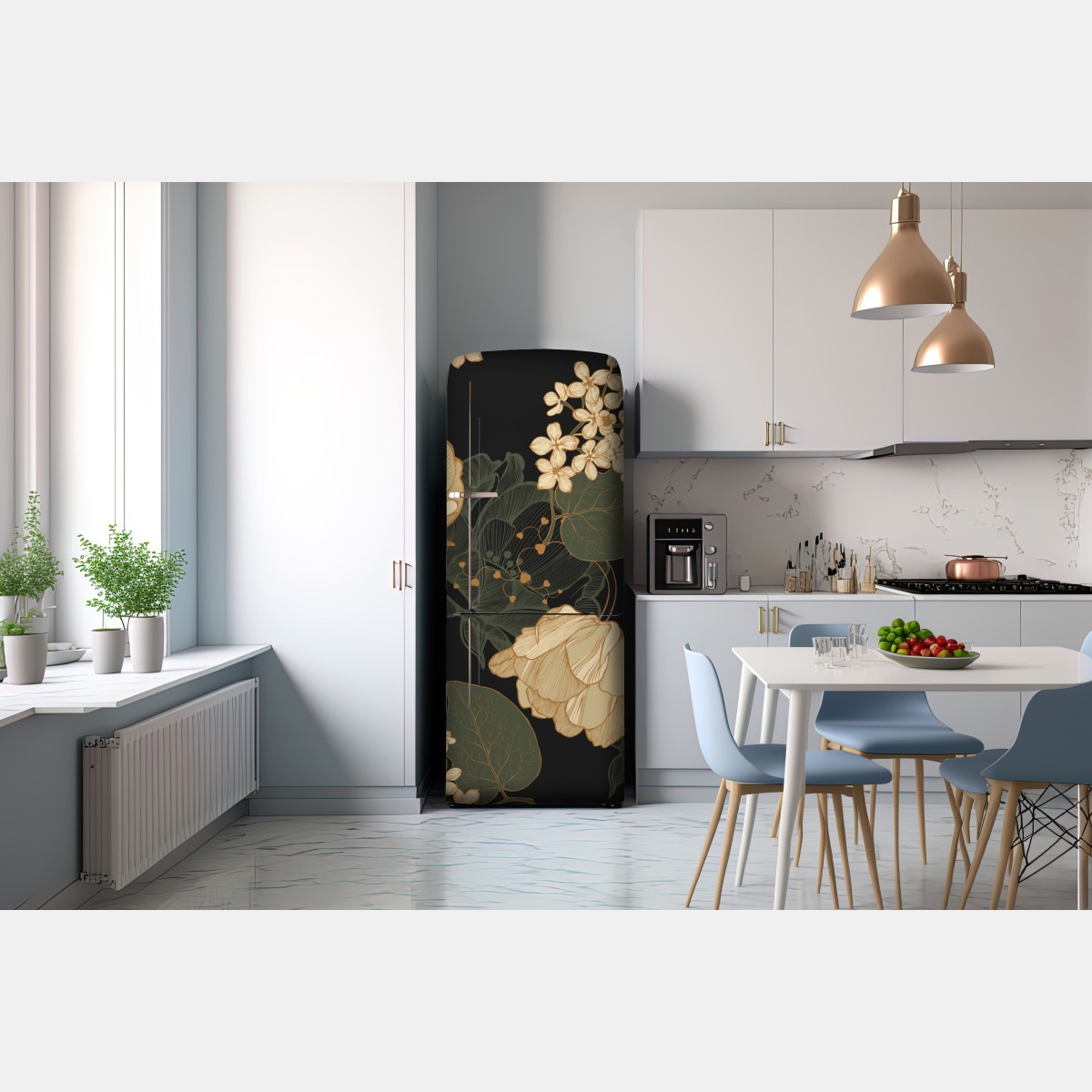 Naklejka na lodówkę złote piwonie na ciemnym botanicznym tle – Wallissimo® Naklejka na lodówkę złote piwonie na ciemnym botanicznym tle – Wallissimo®