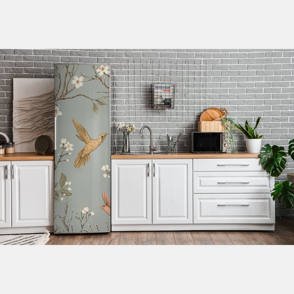 Naklejka na lodówkę vintage wzór kolibrów i kwiatów – Wallissimo® Naklejka na lodówkę vintage wzór kolibrów i kwiatów – Wallissimo®