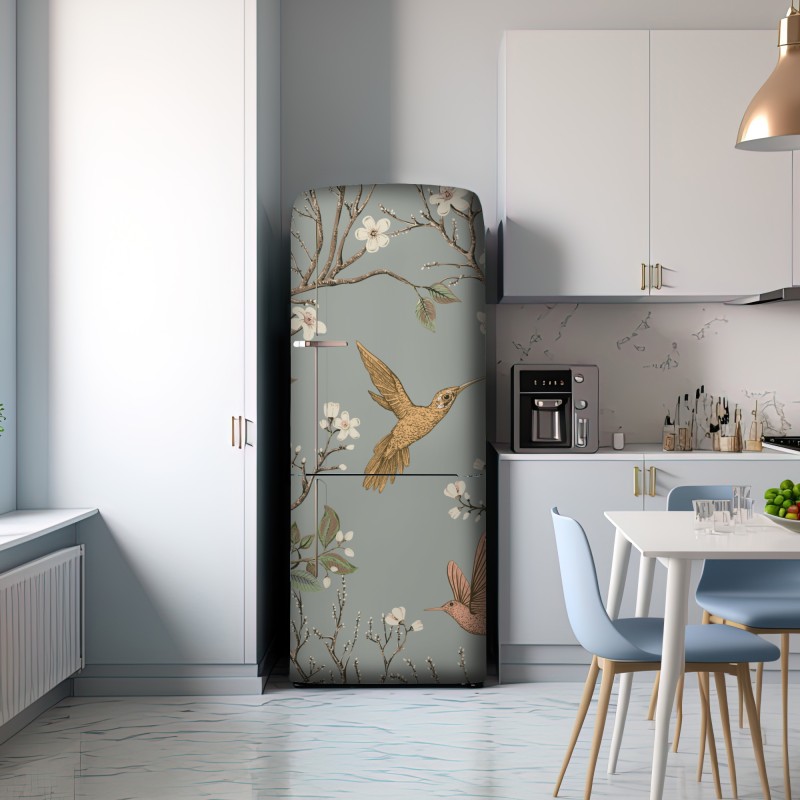 Naklejka na lodówkę vintage wzór kolibrów i kwiatów – Wallissimo® Naklejka na lodówkę vintage wzór kolibrów i kwiatów – Wallissimo®