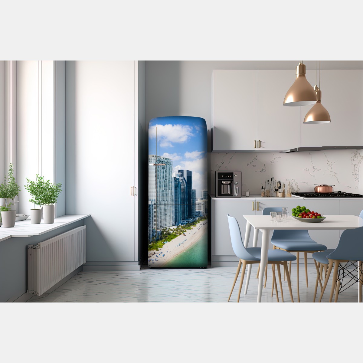 Naklejka na lodówkę turkusowa linia brzegowa z wieżowcami – Wallissimo® Naklejka na lodówkę turkusowa linia brzegowa z wieżowcami – Wallissimo®