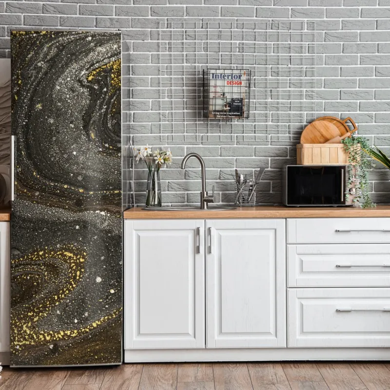 Naklejka na lodówkę złoto-czarny marmurowy wir abstrakcyjny – Wallissimo® Naklejka na lodówkę złoto-czarny marmurowy wir abstrakcyjny – Wallissimo®