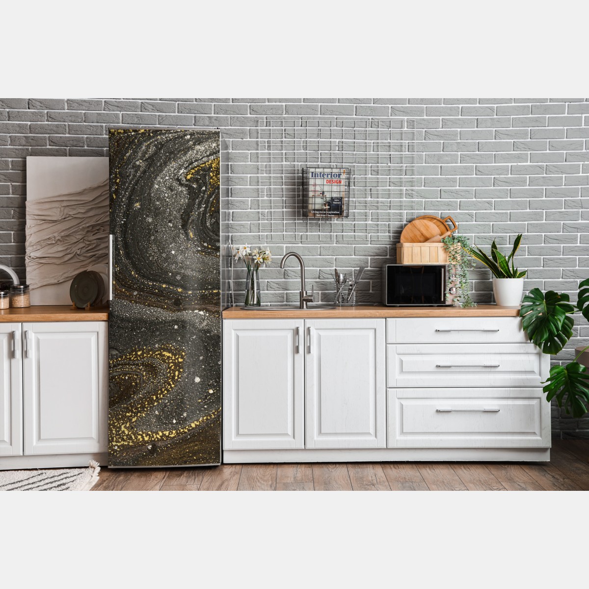 Naklejka na lodówkę złoto-czarny marmurowy wir abstrakcyjny – Wallissimo® Naklejka na lodówkę złoto-czarny marmurowy wir abstrakcyjny – Wallissimo®
