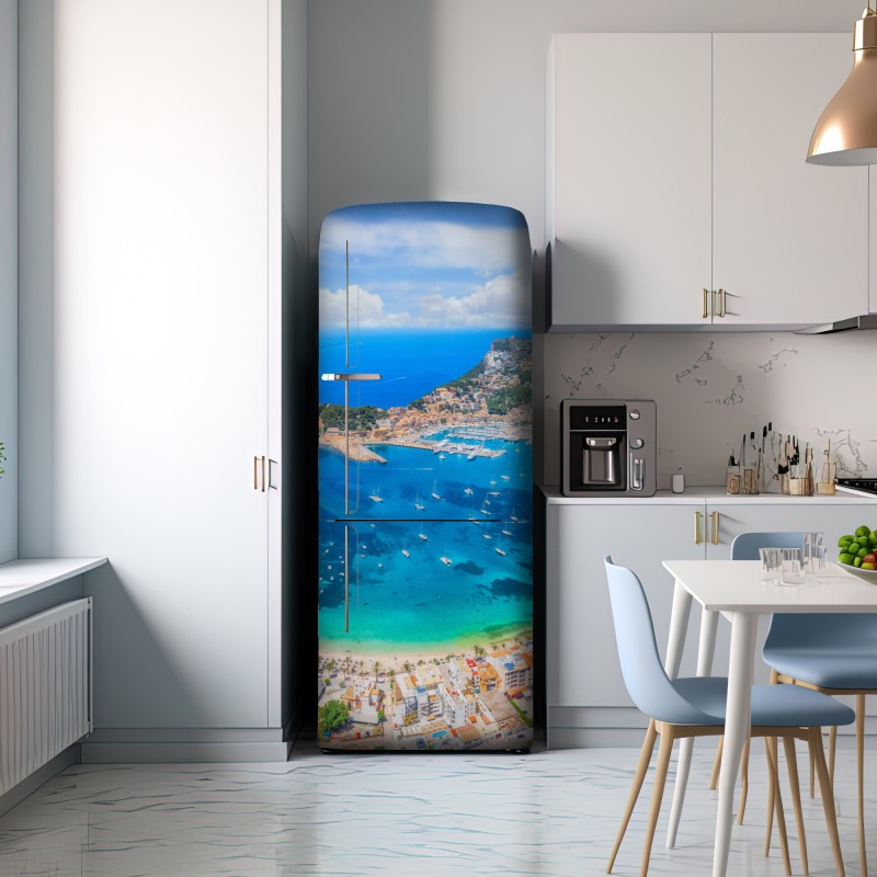 Naklejka na lodówkę widok z lotu ptaka na zatokę Port de Sóller – Wallissimo® Naklejka na lodówkę widok z lotu ptaka na zatokę Port de Sóller – Wallissimo®