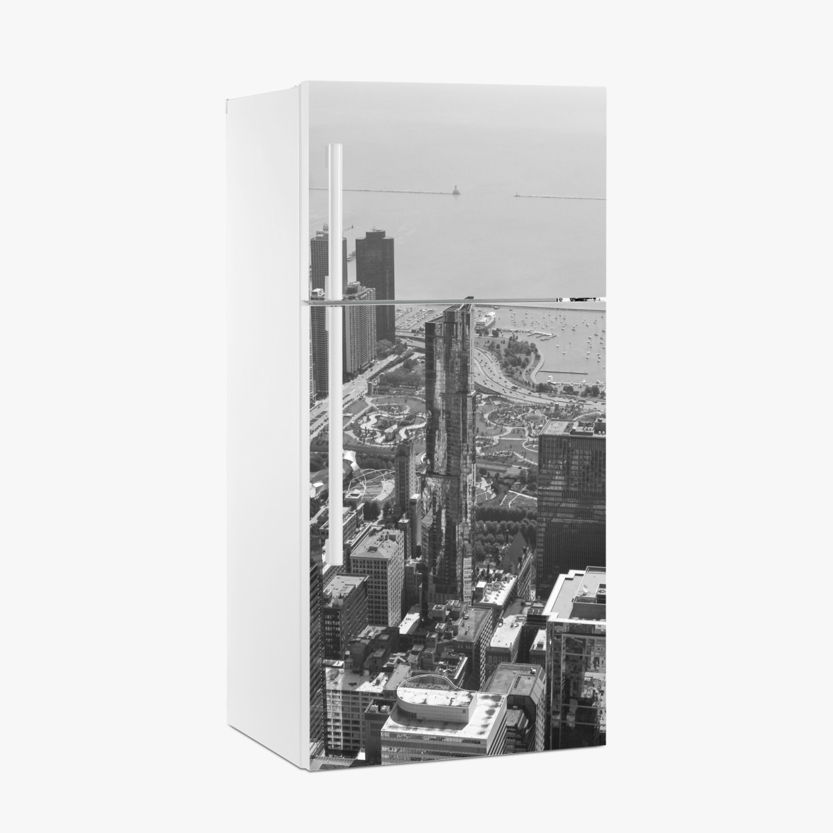 Fridge sticker black and white city skyline over lake