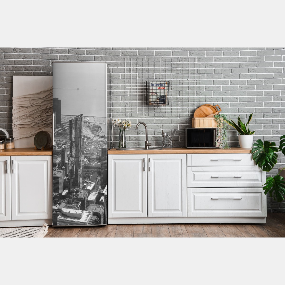 Naklejka na lodówkę czarno-biała panorama miejskiej linii brzegowej – Wallissimo® Naklejka na lodówkę czarno-biała panorama miejskiej linii brzegowej – Wallissimo®