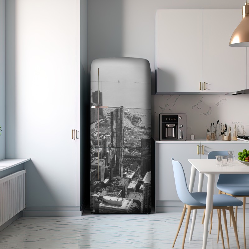 Naklejka na lodówkę czarno-biała panorama miejskiej linii brzegowej – Wallissimo® Naklejka na lodówkę czarno-biała panorama miejskiej linii brzegowej – Wallissimo®