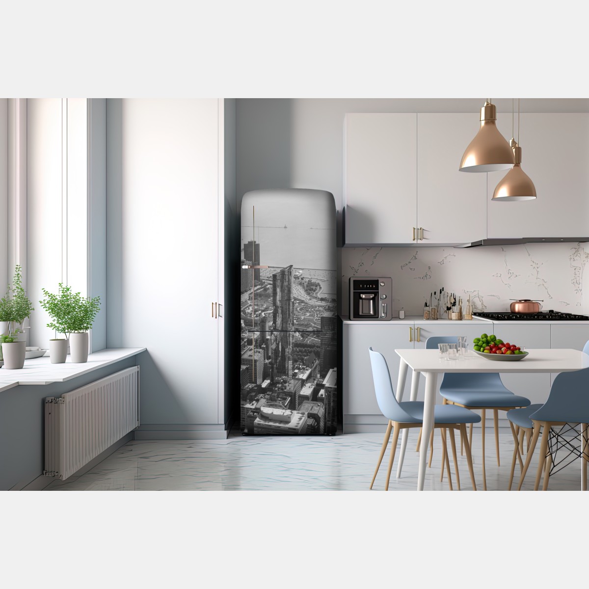 Naklejka na lodówkę czarno-biała panorama miejskiej linii brzegowej – Wallissimo® Naklejka na lodówkę czarno-biała panorama miejskiej linii brzegowej – Wallissimo®