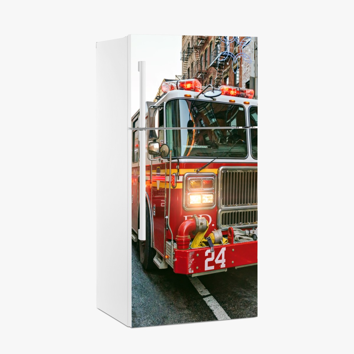 Fridge sticker fire engines on Manhattan street, New York