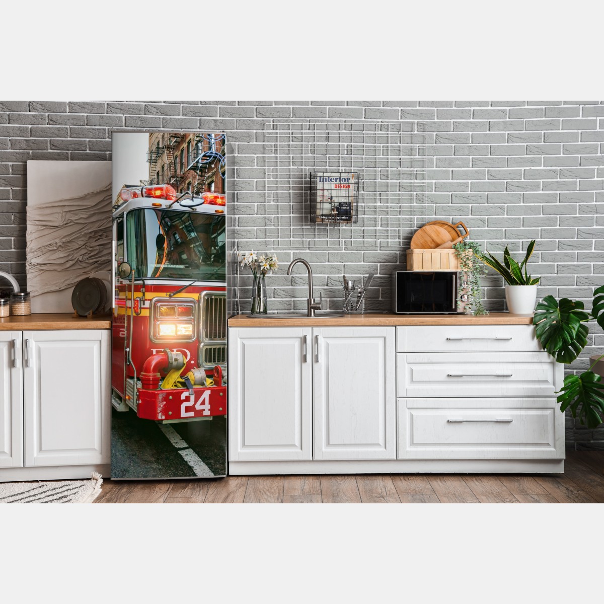 Naklejka na lodówkę wozy strażackie na ulicy Manhattan, Nowy Jork – Wallissimo® Naklejka na lodówkę wozy strażackie na ulicy Manhattan, Nowy Jork – Wallissimo®