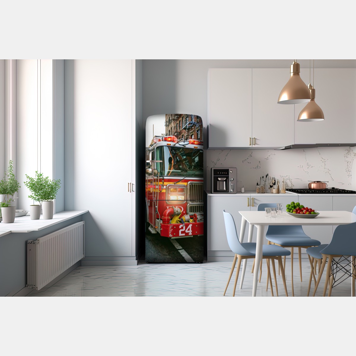 Naklejka na lodówkę wozy strażackie na ulicy Manhattan, Nowy Jork – Wallissimo® Naklejka na lodówkę wozy strażackie na ulicy Manhattan, Nowy Jork – Wallissimo®