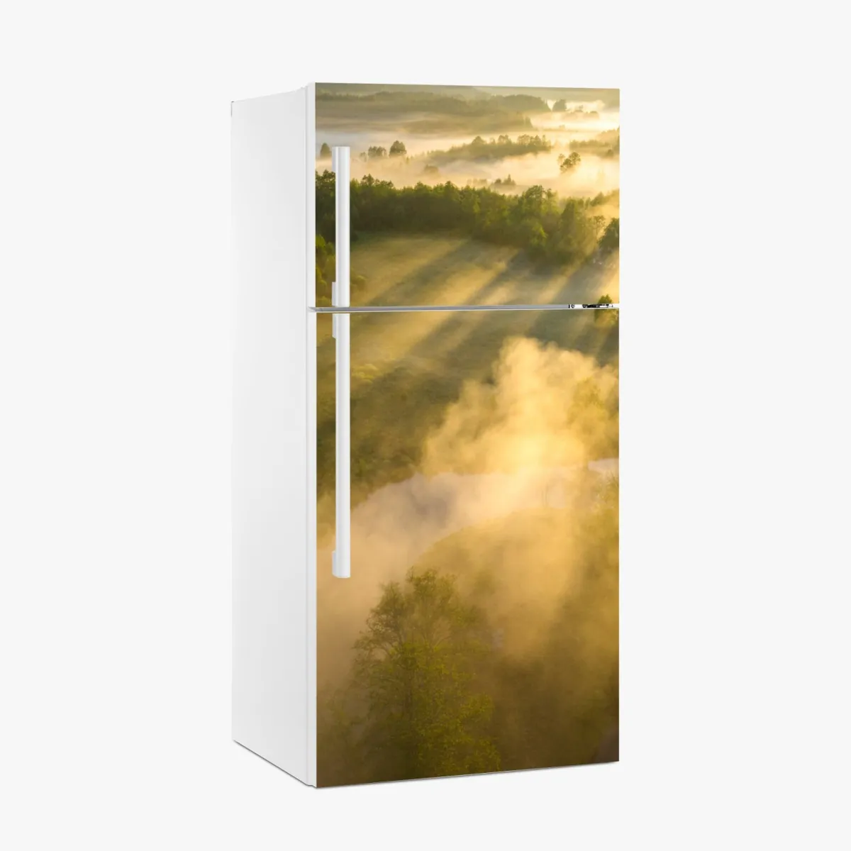 Naklejka na lodówkę złote poranne światło nad mglistą rzeką – Wallissimo® Naklejka na lodówkę złote poranne światło nad mglistą rzeką – Wallissimo®