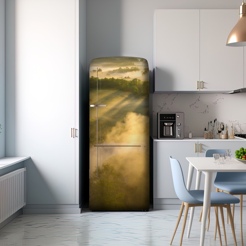 Naklejka na lodówkę złote poranne światło nad mglistą rzeką – Wallissimo® Naklejka na lodówkę złote poranne światło nad mglistą rzeką – Wallissimo®