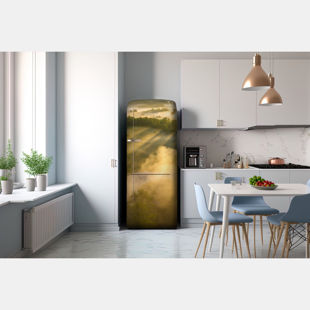 Naklejka na lodówkę złote poranne światło nad mglistą rzeką – Wallissimo® Naklejka na lodówkę złote poranne światło nad mglistą rzeką – Wallissimo®