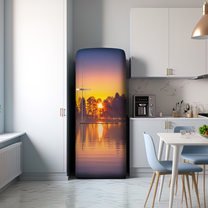 Naklejka na lodówkę mglisty zachód słońca nad jeziorem – Wallissimo® Naklejka na lodówkę mglisty zachód słońca nad jeziorem – Wallissimo®